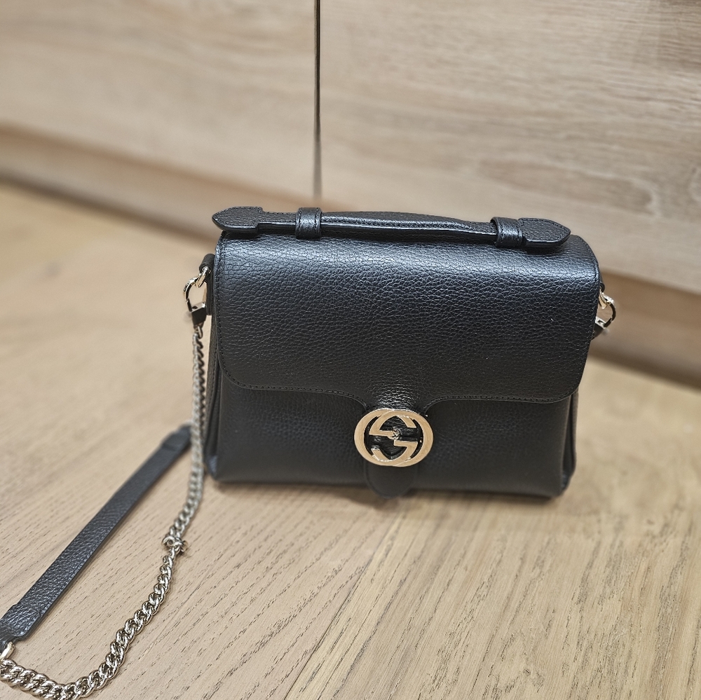 GUCCI Interlocking G Leather Shoulder Bag Black